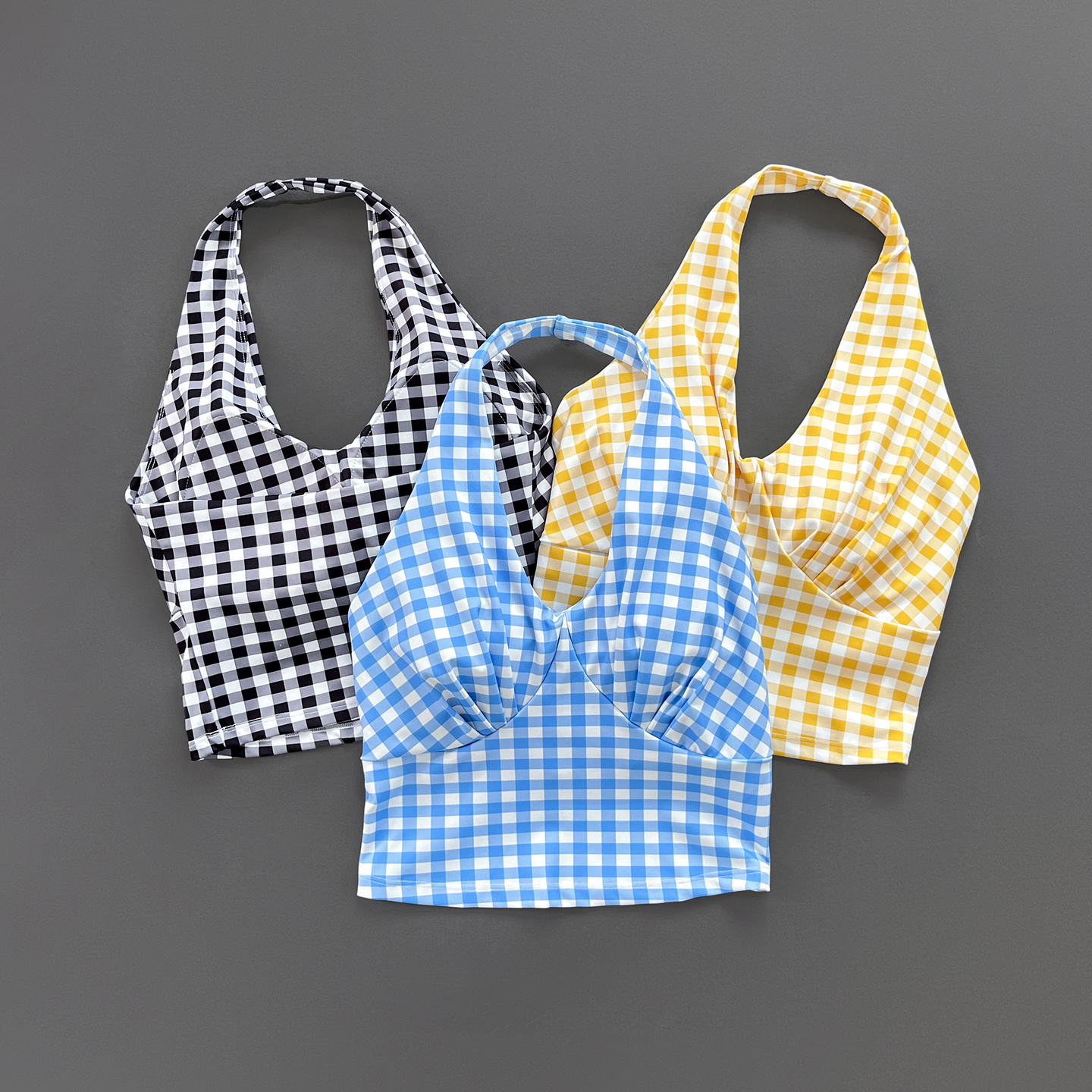 格纹挂脖背心女外穿带胸垫美背修身显瘦运动文胸高强度训练健身女