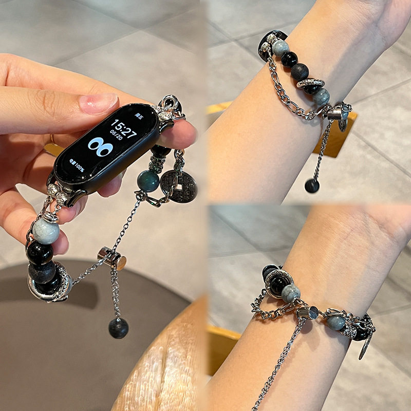 适用小米手环10表带Xiaomi9/8链式火山石男腕带女串珠nfc夏高级