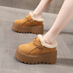 EGWYP小个子10cm勃肯鞋女冬季加绒保暖厚底增高一脚蹬拖鞋外穿