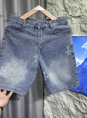 潮牌夏季十字架牛仔裤美式高街休闲裤修身重工艺水洗五分裤痞帅男