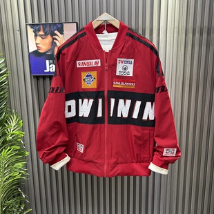 美式刺绣立领机车服复古靓仔高街赛车服三道杠流行质感夹克情侣潮