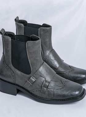 英伦风复古搭扣切尔西靴男冬季中帮短靴布洛克高帮皮靴灰色男靴子