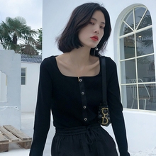 修身 上衣 黑色方领百搭打底衫 2019秋冬装 K家螺纹针织T恤女长袖 新款