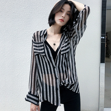 2019春秋设计感小众薄款 雪纺衬衣秋季 女上衣 黑白竖条纹衬衫 女长袖