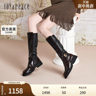 真美诗2024冬季 光泽牛皮复古桃心扣粗跟骑士靴女YZR04DG4 新款