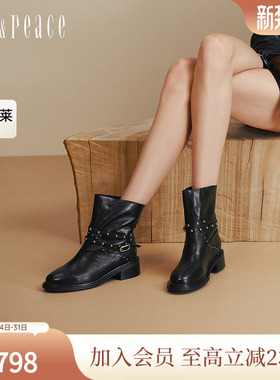 真美诗冬日哈雷2025冬新款个性铆钉细踝带皮靴时装短靴女R1327DZ5