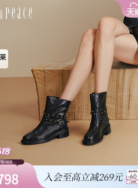 真美诗冬日哈雷2025冬新款个性铆钉细踝带皮靴时装短靴女R1327DZ5