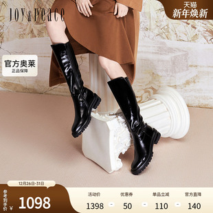 真美诗2024冬季 光泽牛皮原创饰扣粗跟骑士靴女YPU58DG4 新款