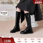 明星同款 真美诗24冬季 光泽牛皮舒适粗跟机车风骑士靴女YQB92DG4