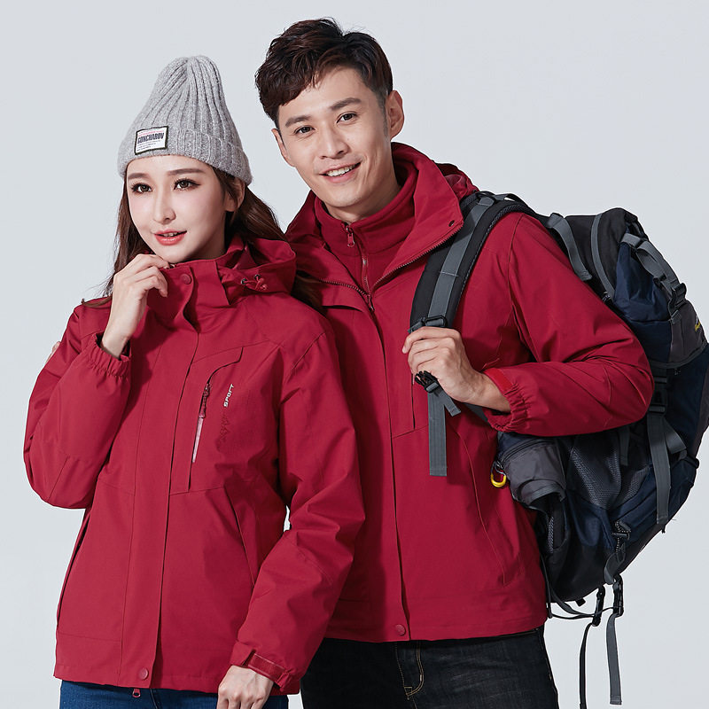 酒红色冲锋衣三合一男 加绒加厚企业团体服印字校服女骑行服