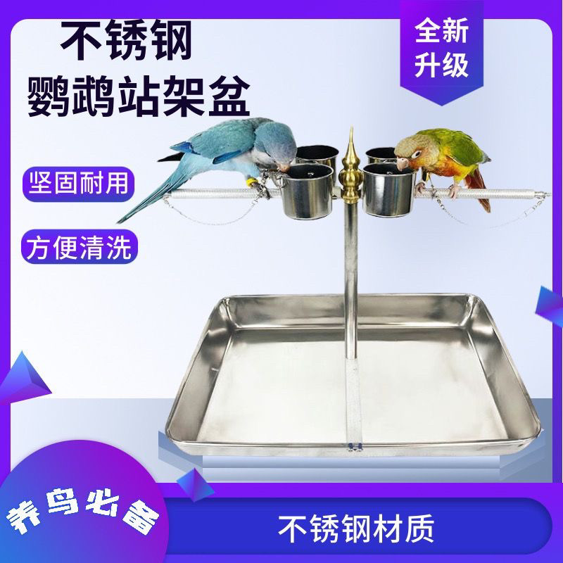 鹦鹉训练站架带盆单只鸟不锈钢站杠落地鸟盆脖套链架子脖圈链子