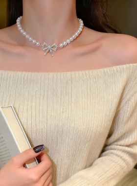 法式复古水晶蝴蝶结珍珠串珠项链