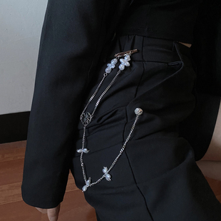 饰链条珍珠拼接别针胸花 潮酷设计金属链流苏时髦胸针男女配饰装