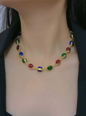 复古拼接女彩色琉璃项链