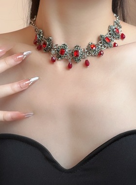 暗黑红色水晶朋克流苏项链哥特风