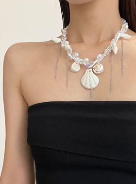 贝壳海螺吊坠串珠项链女锁骨链