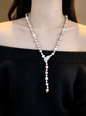 韩版时尚多彩珍珠镶钻毛衣链项链