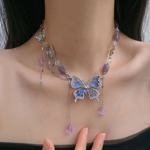 纯欲镶钻紫色蝴蝶流苏项链女