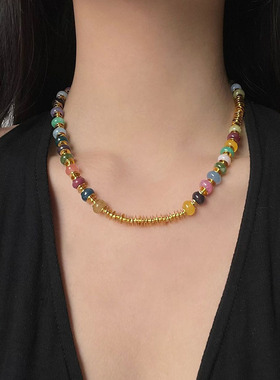 多巴胺彩石串珠项链女短款锁骨链