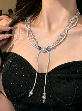 透明碎石珍珠串珠爱心吊坠项链女