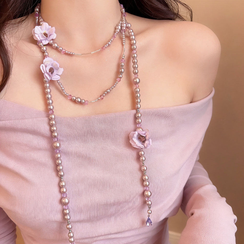 法式浪漫雾紫山茶花珍珠串珠项链优雅气质长款叠戴布艺花朵毛衣链