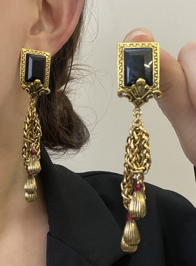 中古做旧黑色水晶流苏耳环女高级感复古金属镶钻耳钉小众耳饰潮