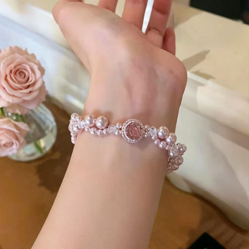 柔光紫珍珠水钻手链抽拉可调节女