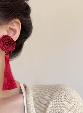 红色大花朵流苏耳环气质时尚中式礼服旗袍晚宴轻奢高级感耳针耳饰