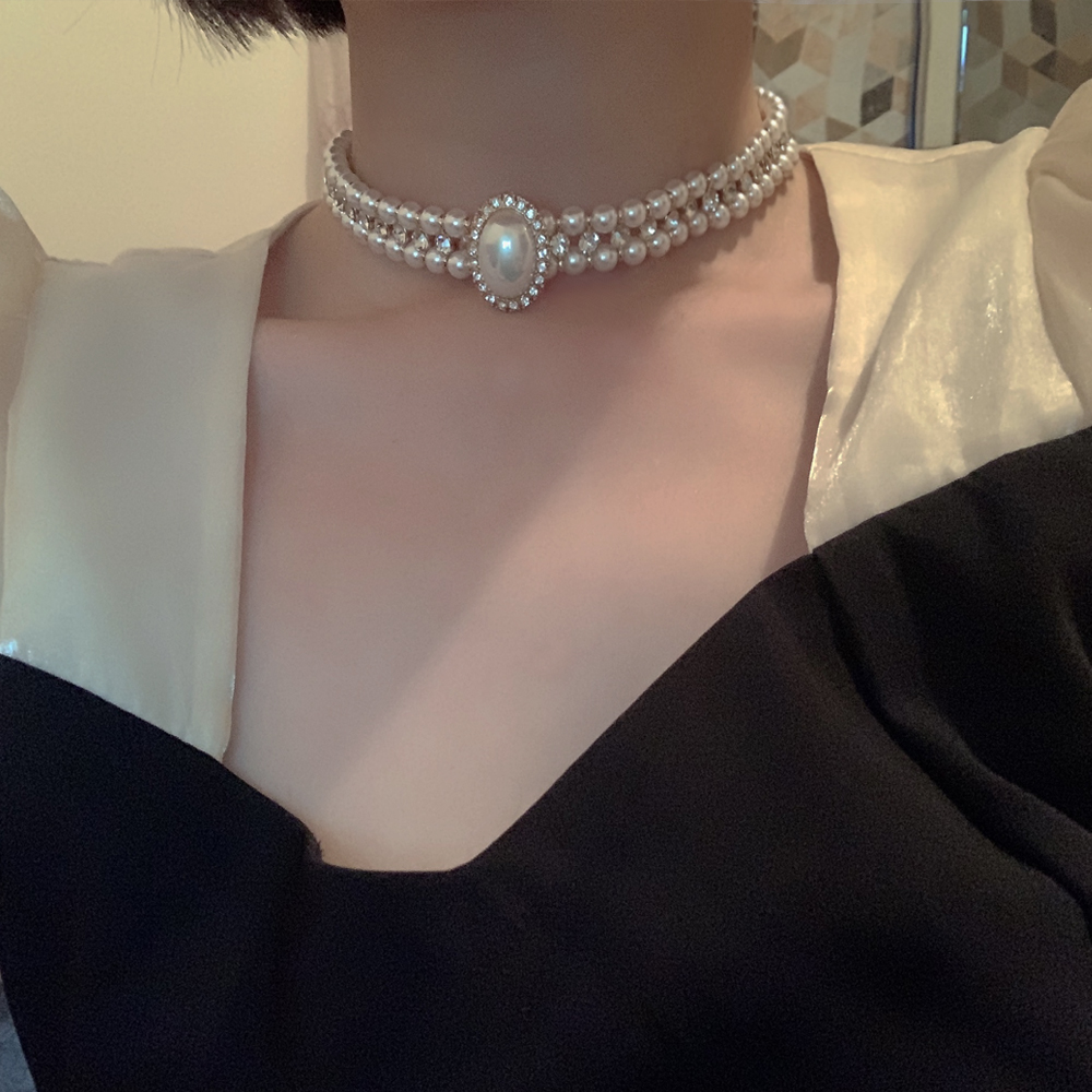 法式赫本风复古镶钻短款珍珠项链