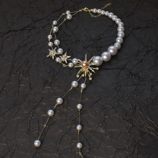 法式大小珍珠流苏拼接项链女轻奢小众设计感镶钻星星颈链长款配饰