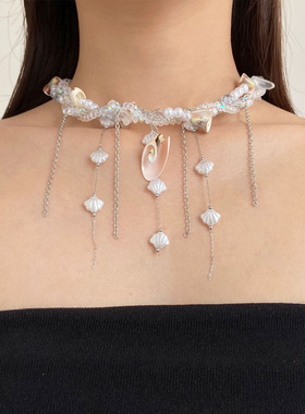 多层缠绕水晶串珠贝壳吊坠项链女