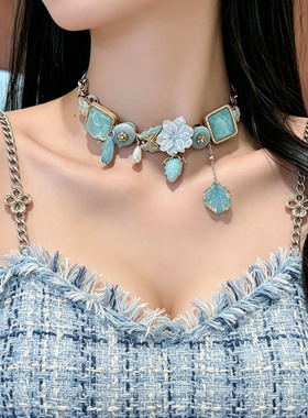甜酷蓝色水晶草莓贝壳流苏项链女