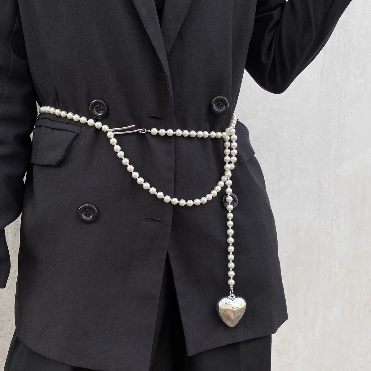 金属立体银色大爱心珍珠腰带腰链