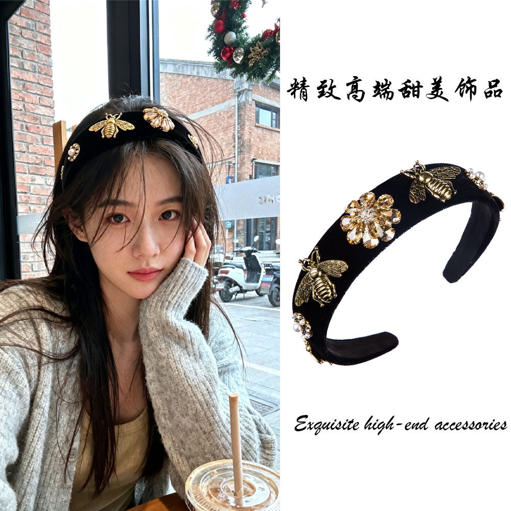 甜美复古做旧蜜蜂闪钻丝绒发箍女图片