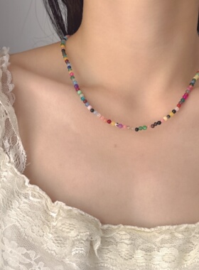 彩虹色珠子串珠项链锁骨链颈链女