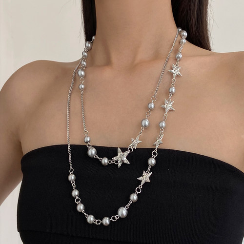 双层串珠五角星星星灰珍珠项链