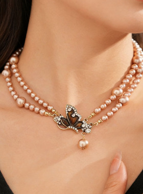 镶钻蝴蝶吊坠项链双层珍珠串珠女