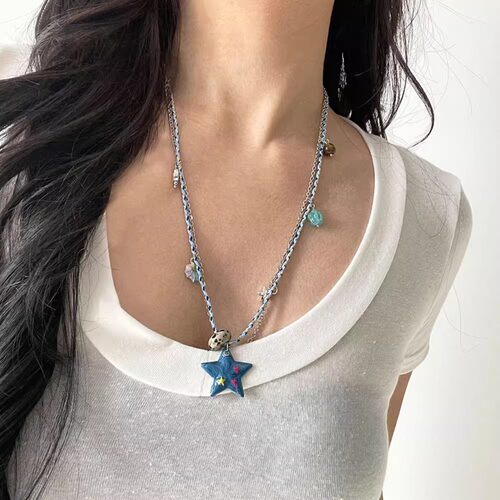 蓝色星星吊坠女双层编织绳项链