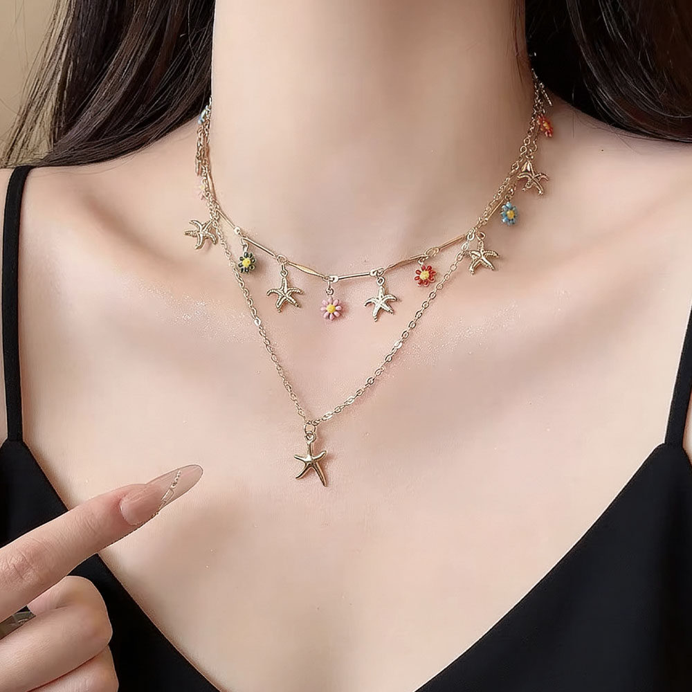 夏威夷合金海星吊坠滴釉花项链女气质清新优雅流苏度假风锁骨颈链