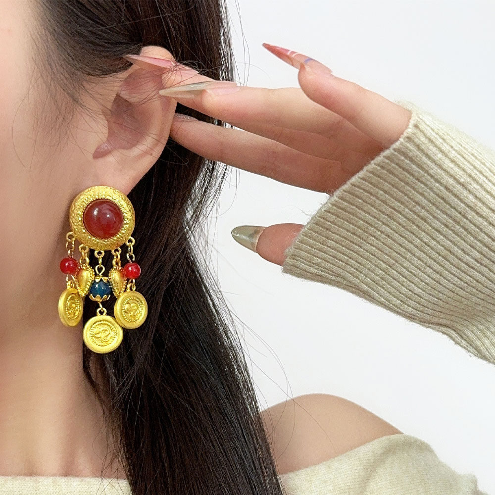 民族风复古金色钱币流苏耳环耳钉女轻奢时髦小众红宝石耳坠耳饰潮