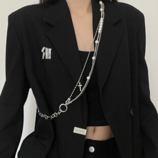 嘻哈多层珍珠腰链斜跨链潮酷长款甜酷气质西装辣妹风身体链腰带潮