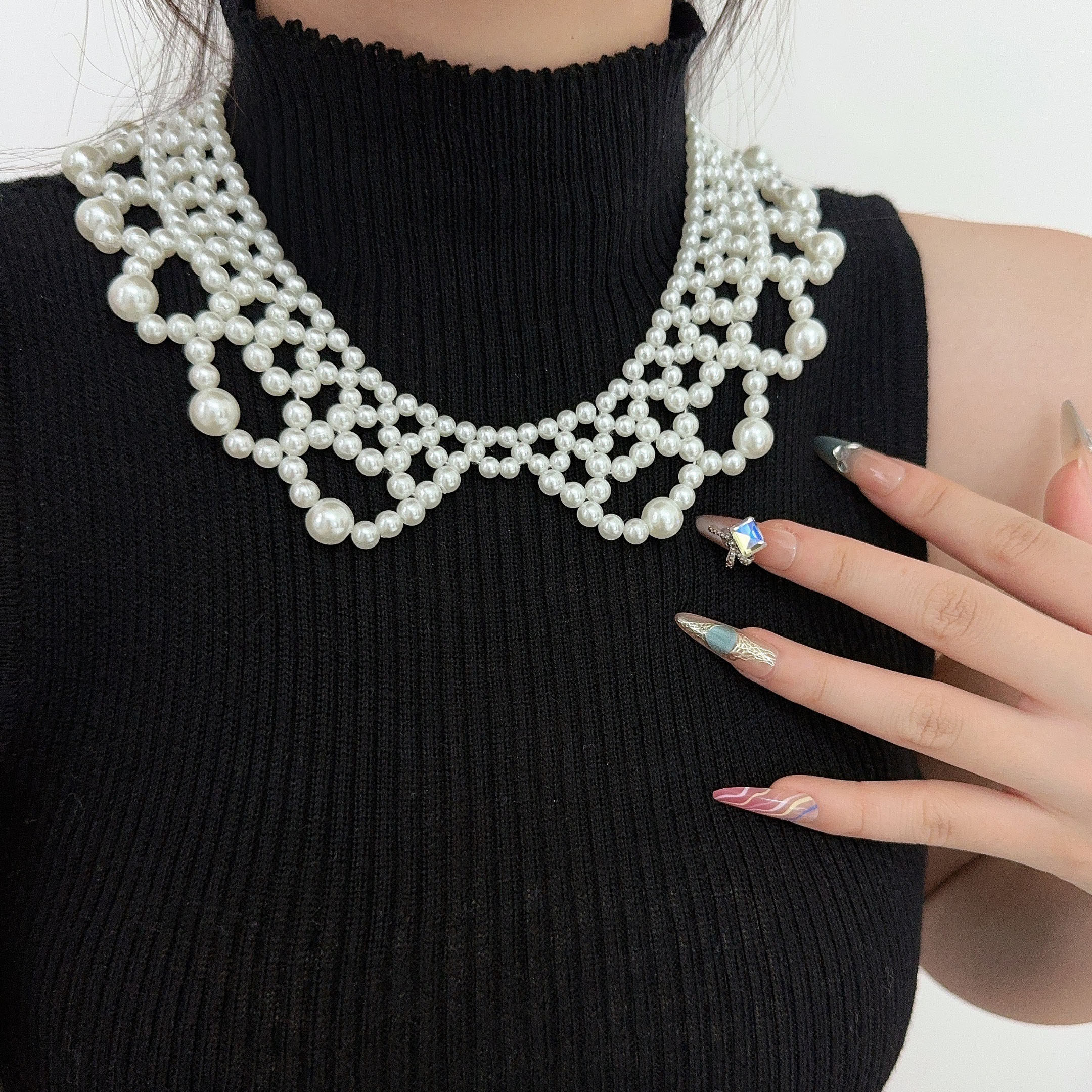 韩版复古假领子编织珍珠项链服装配饰轻奢高级感个性优雅锁骨颈链,饰品/流行首饰/时尚饰品新,项链,淘宝优惠券,粉丝福利购,淘宝优惠卷