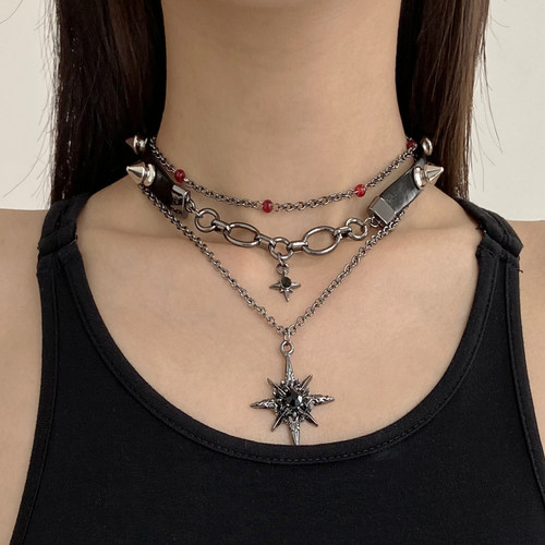 镶钻芒星项链女甜酷皮质双层颈链