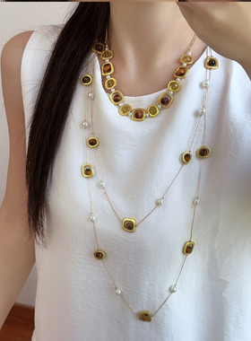 长款双层虎眼石几何方形串珠项链