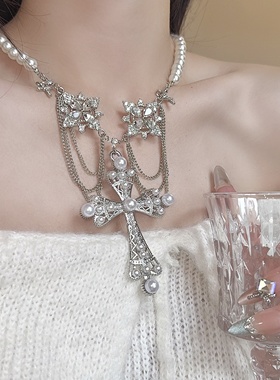珍珠串珠十字架流苏夸张吊坠项链
