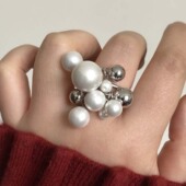 金属球多颗珍珠串珠气质休闲戒指女冷淡风高级感百搭时尚 指环潮