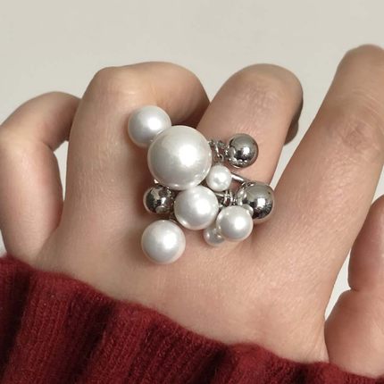金属球多颗珍珠串珠气质休闲戒指女冷淡风高级感百搭时尚指环潮