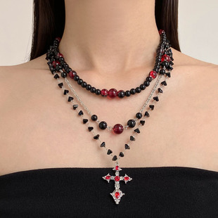 哥特风黑色串珠红钻十字架多层项链女叠戴毛衣链潮高级卫衣链配饰
