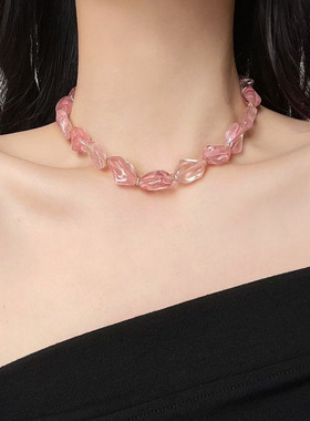 异形不规则粉水晶串珠拼接项链女