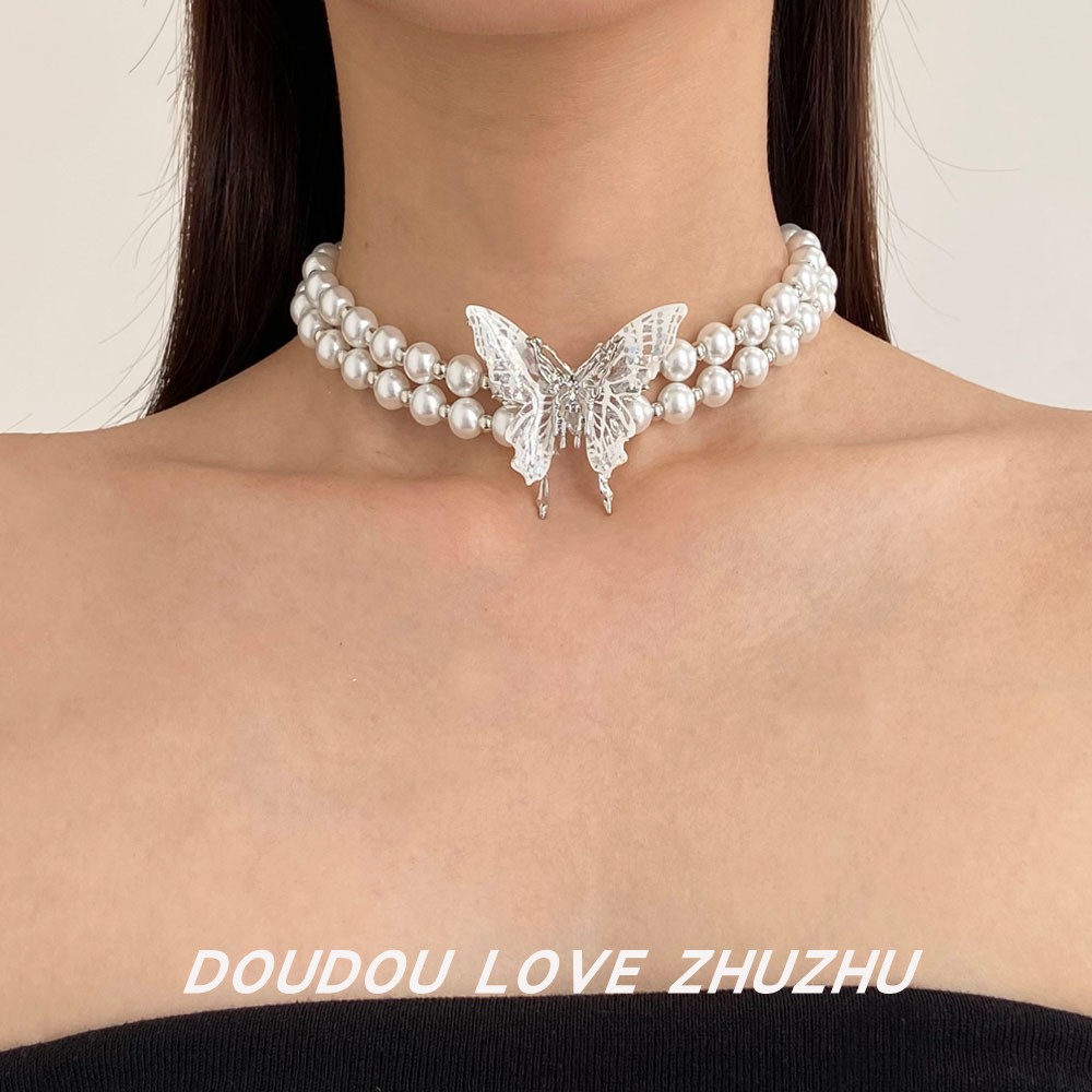 超仙镶钻金属蝴蝶珍珠双层项链女